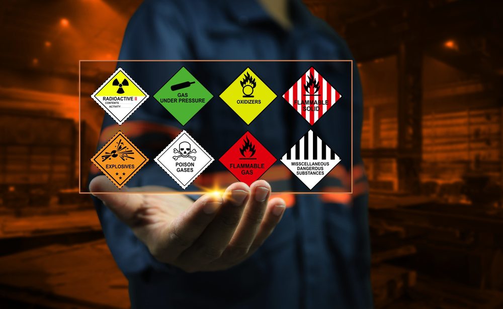 Industrial,Factory,Safety,Officers,Hold,Chemical,Hazard,Warning,Signs,In