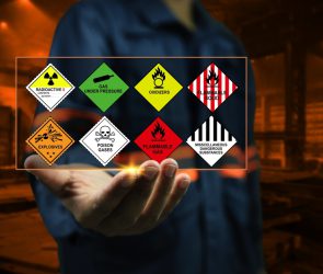 Industrial,Factory,Safety,Officers,Hold,Chemical,Hazard,Warning,Signs,In