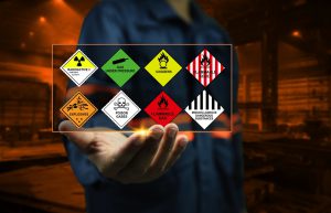 Industrial,Factory,Safety,Officers,Hold,Chemical,Hazard,Warning,Signs,In