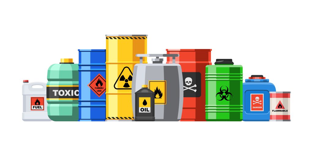 Different,Container,With,Hazard,Chemical,Liquid,In,Row,Line.,Compressed