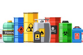 Different,Container,With,Hazard,Chemical,Liquid,In,Row,Line.,Compressed