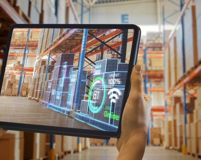 Futuristic,Technology,Warehouse:,Worker,Doing,Inventory,And,Using,Augmented,Reality